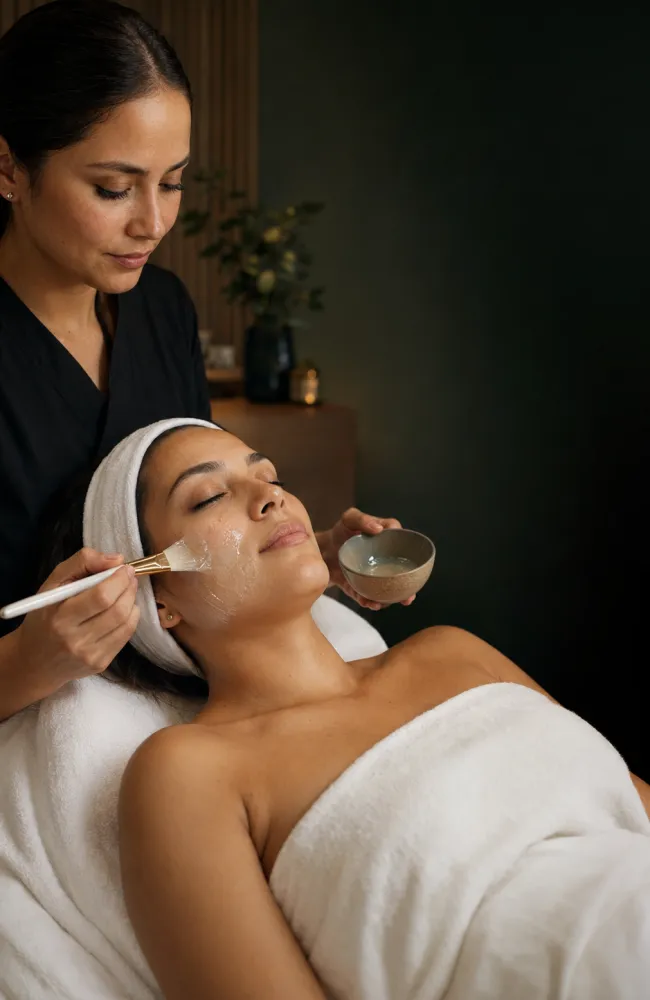 Una clienta recibe un facial hidratante mientras una especialista aplica una mascarilla.