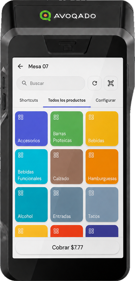 Terminal Nexgo N86 de Avoqado con el catálogo por categorías de la mesa 07 y el botón de cobrar