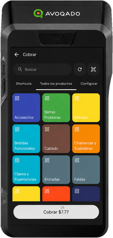 Terminal Nexgo N86 de Avoqado mostrando la pantalla de cobro con el catálogo de productos por categoría