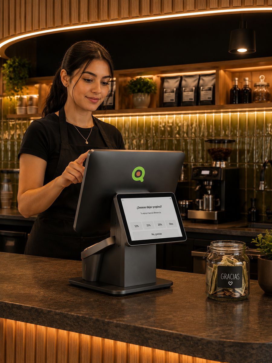 Barista en el mostrador de una cafetería usando la terminal Avoqado, con la pantalla al cliente preguntando si desea dejar propina