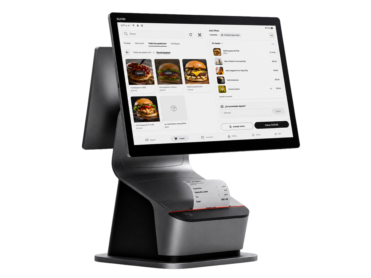 Punto de venta Avoqado en una terminal de mostrador de doble pantalla, con el catálogo de productos y el carrito de cobro