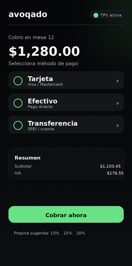 Pantalla de cobro de Avoqado con el total, el IVA desglosado y las formas de pago