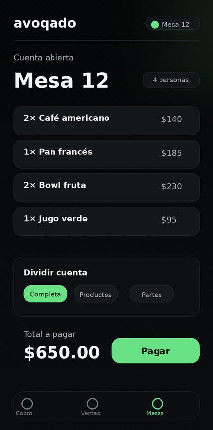 Pantalla de Avoqado con la cuenta abierta de la mesa 12 y la opción de dividir cuenta